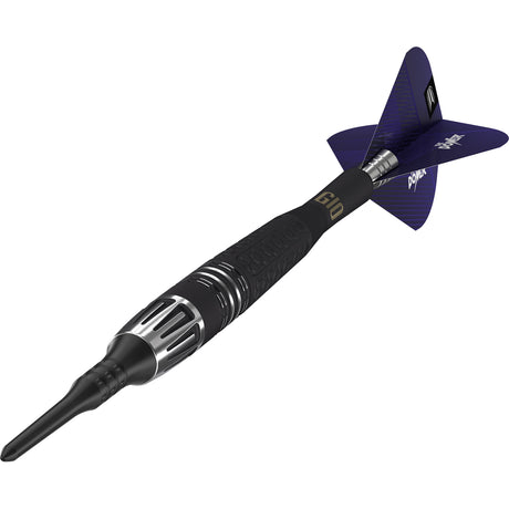 Phil Taylor Power 9Five G10 Soft Tip Darts close up image highlighting the barrel grip texture and precision machining detail