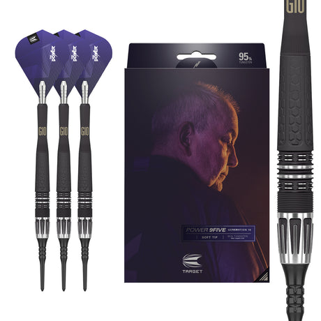 Phil Taylor Power 9Five G10 Soft Tip Darts main product image showing the darts, packaging, flights, shafts, and included accessories