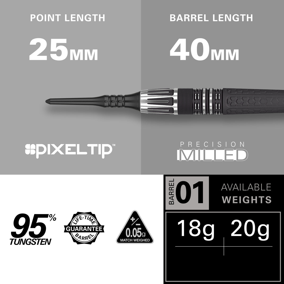 Phil Taylor Power 9Five G10 Soft Tip Darts specifications image showing barrel dimensions, weight, and technical details