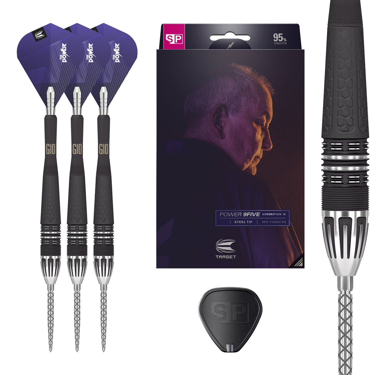 Phil Taylor Power 9Five G10 Steel Tip Darts main product image showing the darts, packaging, flights, shafts, and included accessories