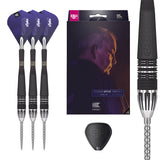 Phil Taylor Power 9Five G10 Steel Tip Darts main product image showing the darts, packaging, flights, shafts, and included accessories