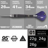 Phil Taylor Power 9Five G10 Steel Tip Darts specifications image showing barrel dimensions, weight, and technical details