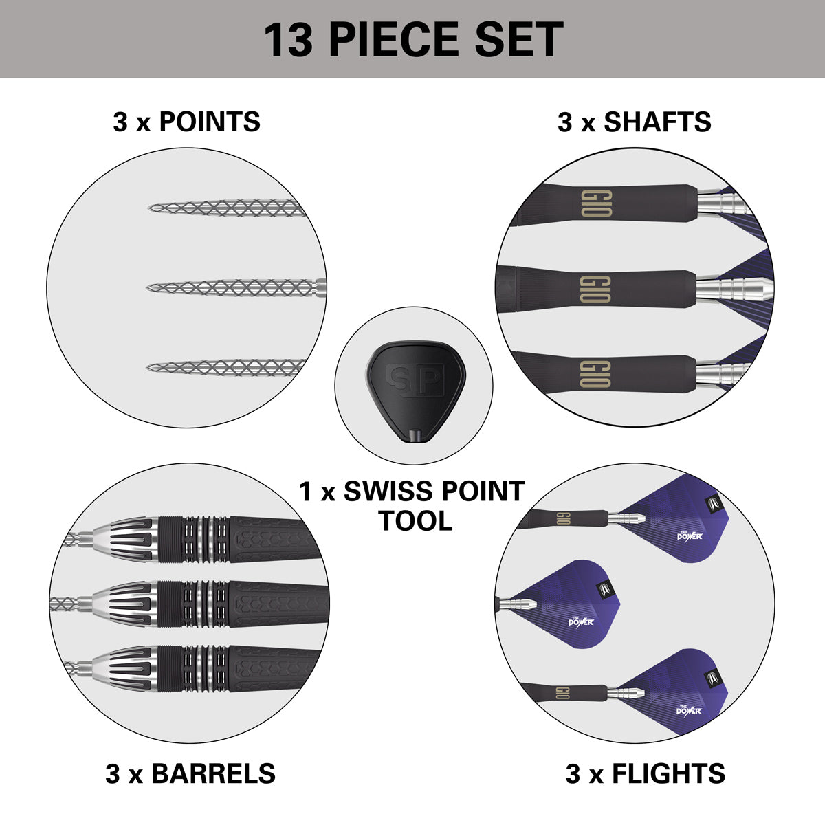 Phil Taylor Power 9Five G10 Steel Tip Darts contents image displaying everything included inside the box
