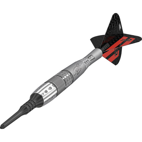 Phil Taylor Power 9Five G7 Soft Tip Darts close up image highlighting the barrel grip texture and precision machining detail