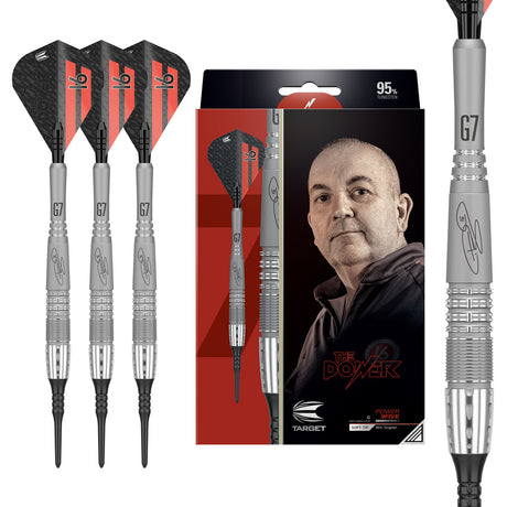 Phil Taylor Power 9Five G7 Soft Tip Darts main product image showing the darts, packaging, flights, shafts, and included accessories