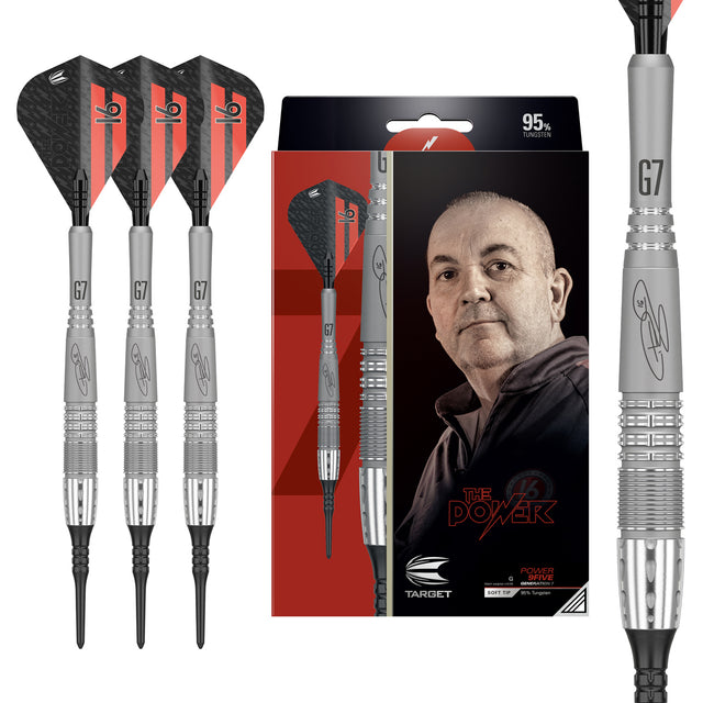 Phil Taylor Power 9Five G7 Soft Tip Darts main product image showing the darts, packaging, flights, shafts, and included accessories