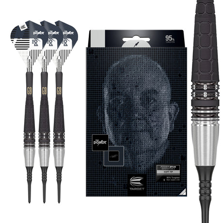 Phil Taylor Power G9 Soft Tip Darts main product image showing the darts, packaging, flights, shafts, and included accessories