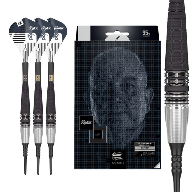 Phil Taylor Power G9 Soft Tip Darts main product image showing the darts, packaging, flights, shafts, and included accessories