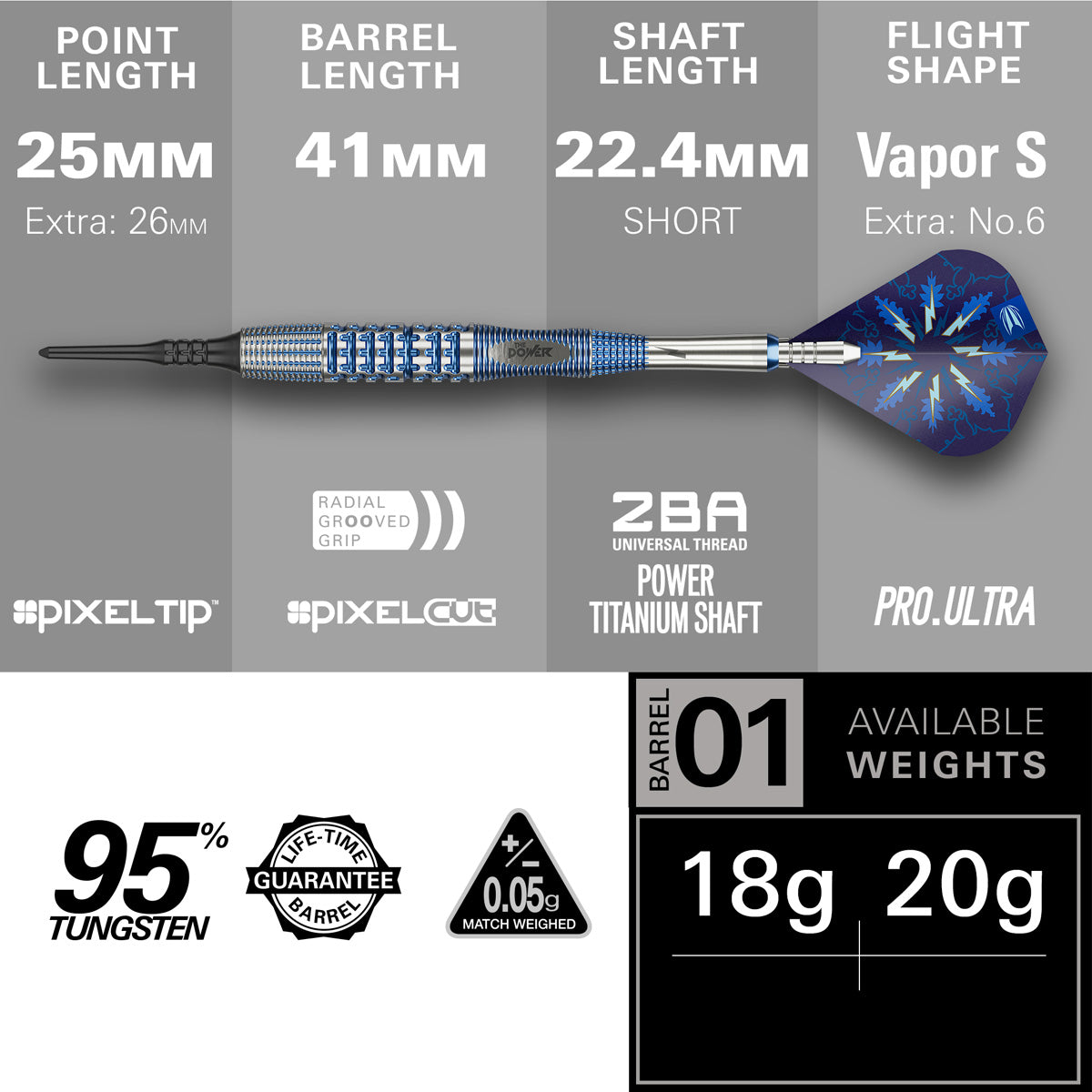 Phil Taylor Power Gx2 Soft Tip Darts specifications image showing barrel dimensions, weight, and technical details