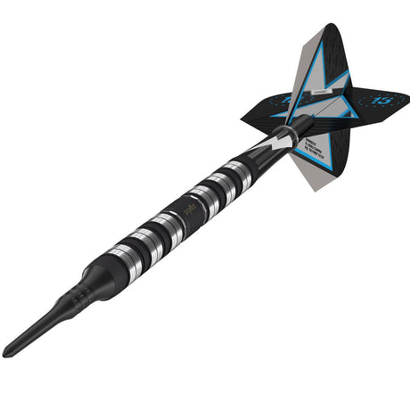 Phil Taylor Power Series Black Soft Tip Darts close up image highlighting the black barrel coating and precision grip detail