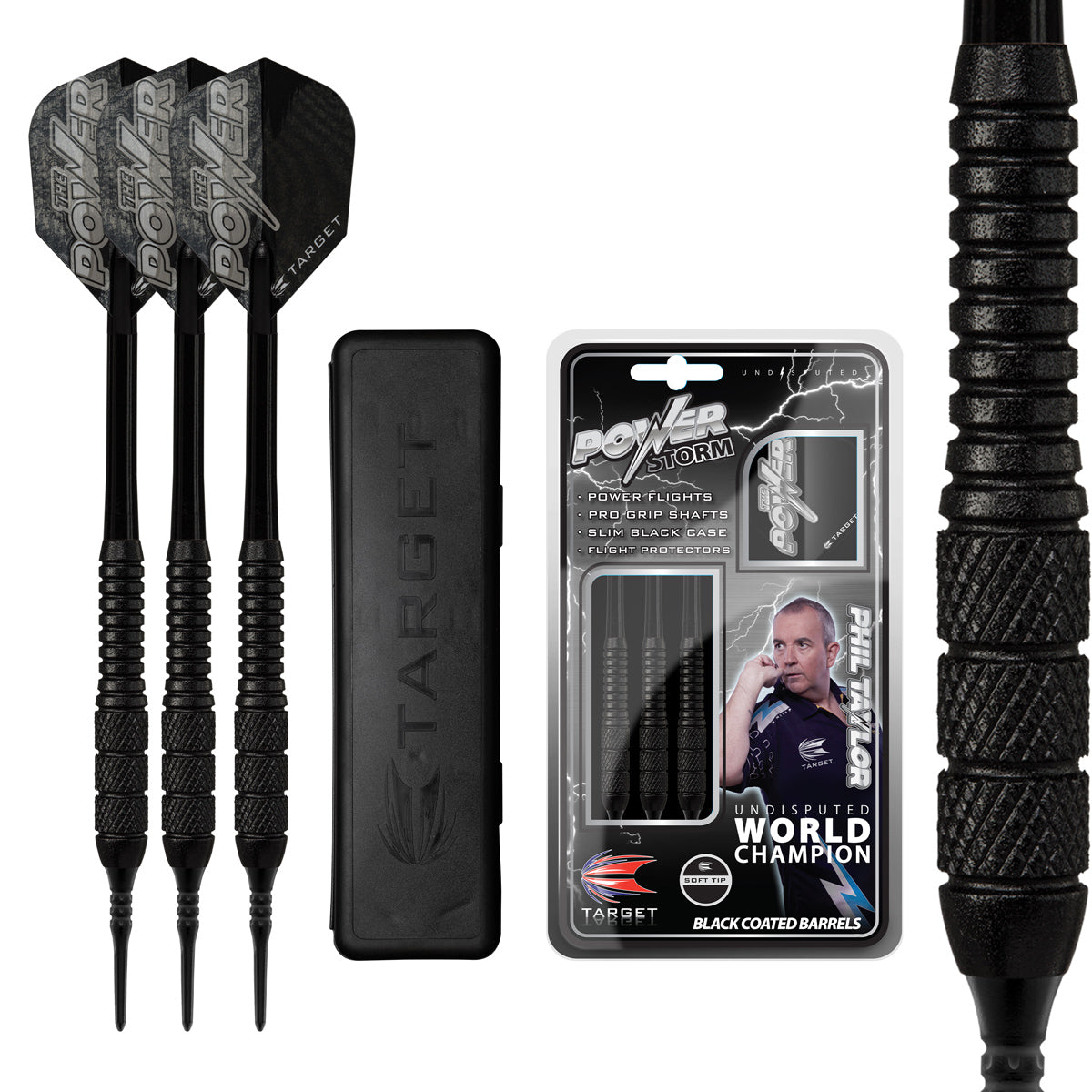 Phil Taylor Power Storm Soft Tip Darts main product image showing the darts, packaging, flights, shafts, and included accessories