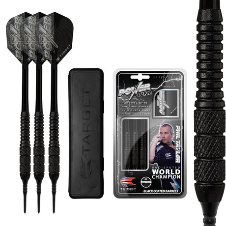 Phil Taylor Power Storm Soft Tip Darts main product image showing the darts, packaging, flights, shafts, and included accessories