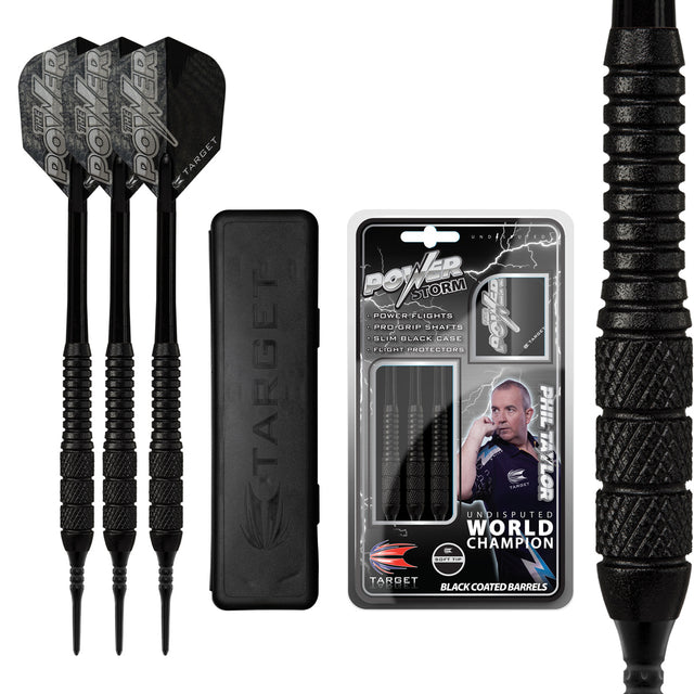 Phil Taylor Power Storm Soft Tip Darts main product image showing the darts, packaging, flights, shafts, and included accessories