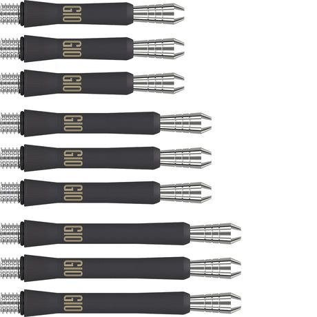 Phil Taylor Power Titanium G10 Black Dart Stems Shafts main product image showing the shafts, packaging, and included contents