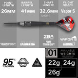 Phil Taylor Raw Power G11 Steel Tip Darts specifications image showing barrel dimensions, weight, and technical details