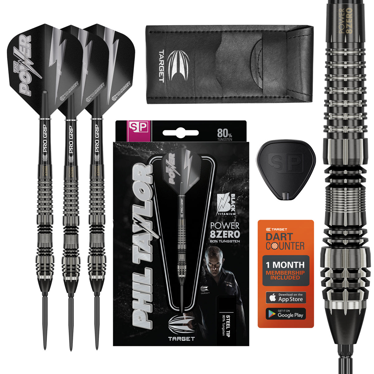 Power 8Zero 4 SP Steel Tip Darts main product image showing the darts, packaging, flights, shafts, and included accessories