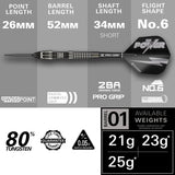 Power 8Zero 4 Steel Tip Darts specifications image showing barrel dimensions, weight, and technical details