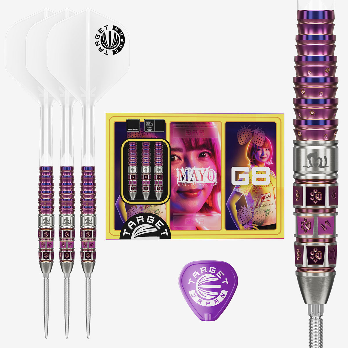 Image of the Prime Mayo G8 Swiss Point Darts displayed for retail sale with product packaging