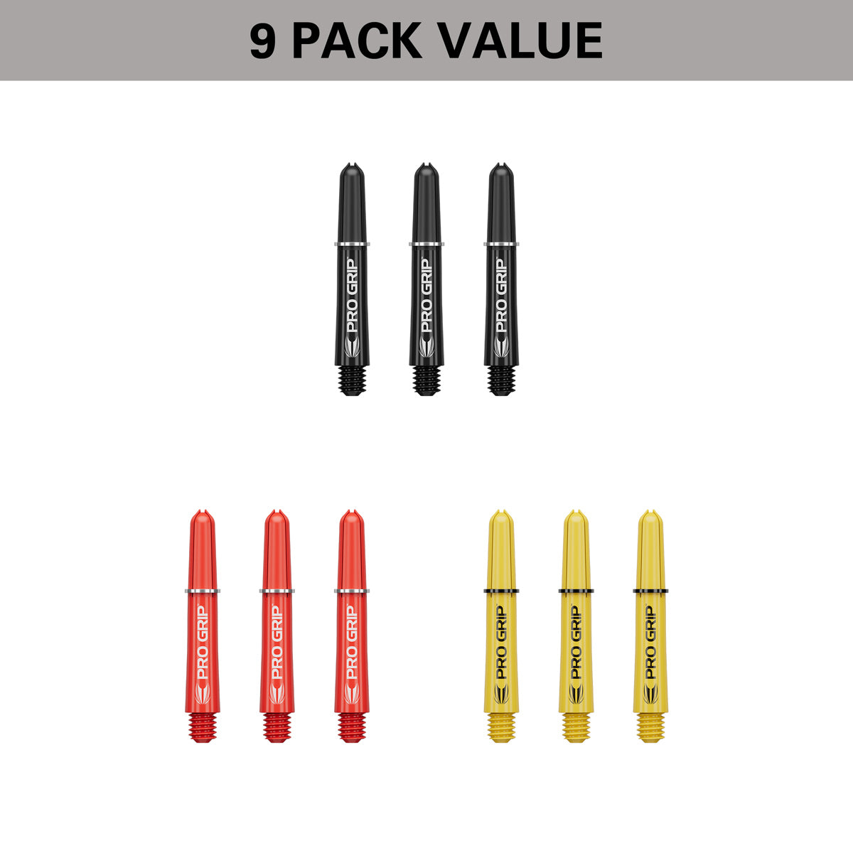 Pro Grip 3 Set Multipack Black Red and Yellow Dart Stems Shafts image highlighting the 9 pack value format containing three sets of shafts for extended use and improved value.