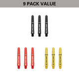 Pro Grip 3 Set Multipack Black Red and Yellow Dart Stems Shafts image highlighting the 9 pack value format containing three sets of shafts for extended use and improved value.