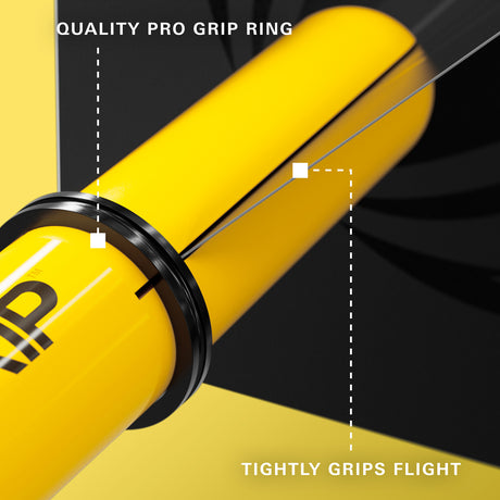 Pro Grip 3 Set Multipack Black Red and Yellow Dart Stems Shafts image showing compatibility with dart flights and flight mounting system