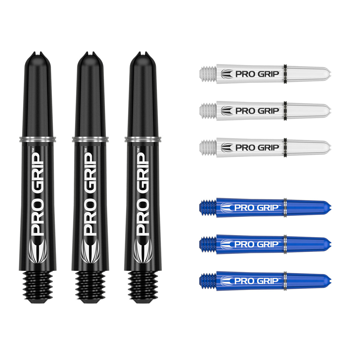Pro Grip 3 Set Multipack Black White and Blue Dart Stems Shafts main product image showing the shafts, packaging, and included contents