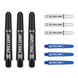 Pro Grip 3 Set Multipack Black White and Blue Dart Stems Shafts main product image showing the shafts, packaging, and included contents