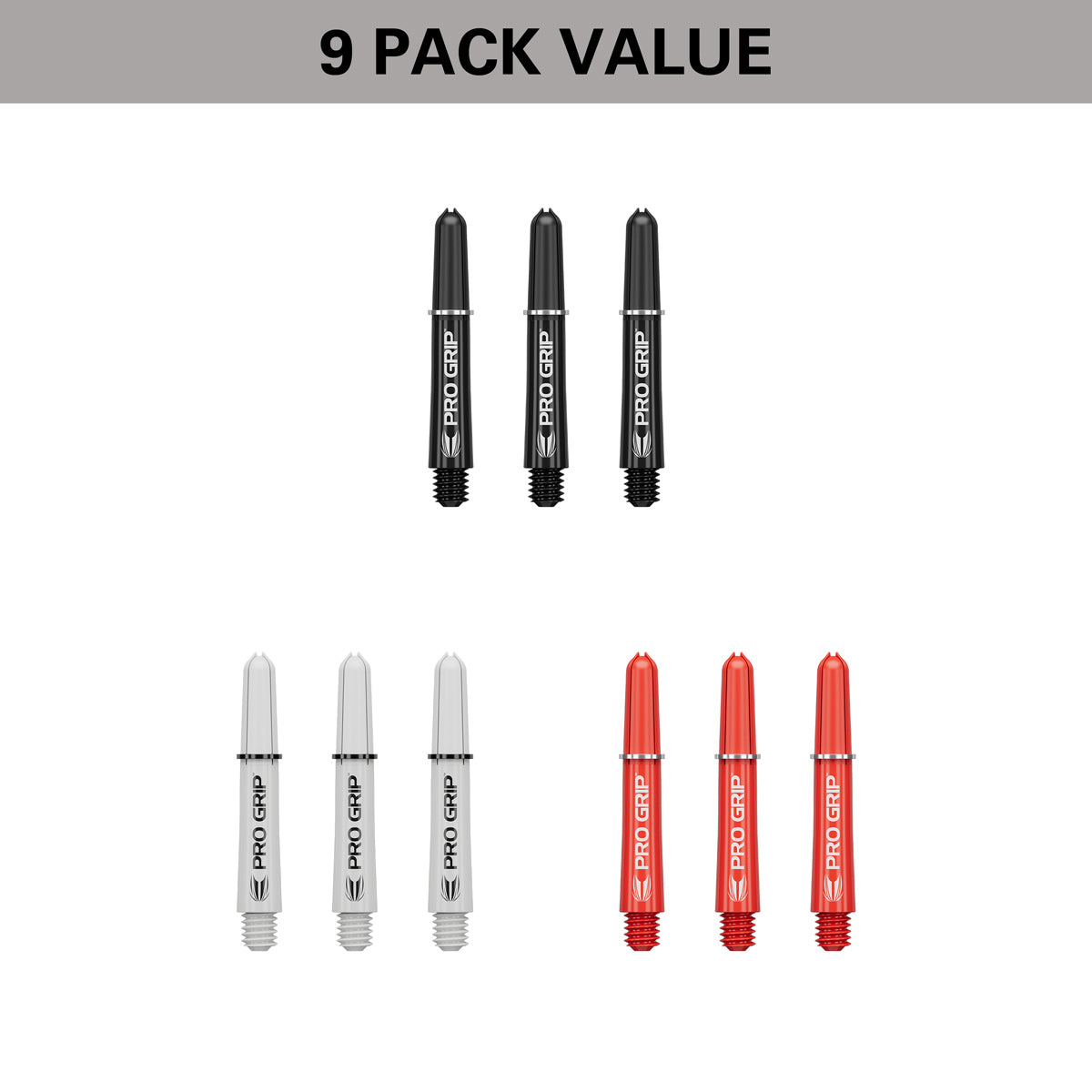 Pro Grip 3 Set Multipack Black White and Red Dart Stems Shafts image highlighting the 9 pack value format containing three sets of shafts for extended use and improved value.