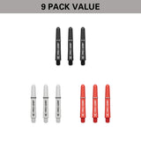 Pro Grip 3 Set Multipack Black White and Red Dart Stems Shafts image highlighting the 9 pack value format containing three sets of shafts for extended use and improved value.