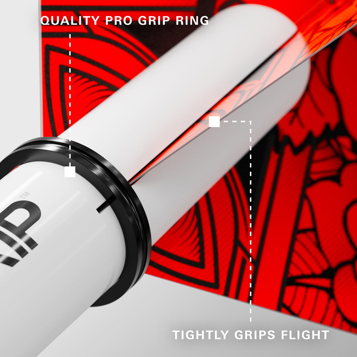 Pro Grip 3 Set Multipack Black White and Red Dart Stems Shafts image showing compatibility with dart flights and flight mounting system