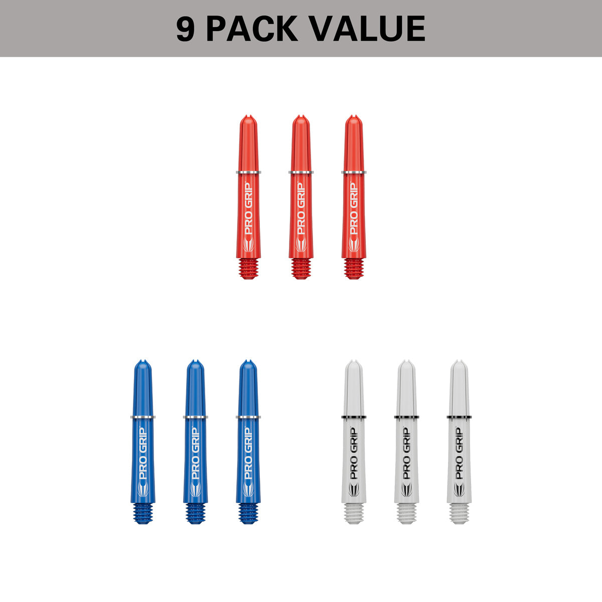 Pro Grip 3 Set Multipack Red Blue and White Dart Stems Shafts image highlighting the 9 pack value format containing three sets of shafts for extended use and improved value.
