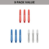 Pro Grip 3 Set Multipack Red Blue and White Dart Stems Shafts image highlighting the 9 pack value format containing three sets of shafts for extended use and improved value.