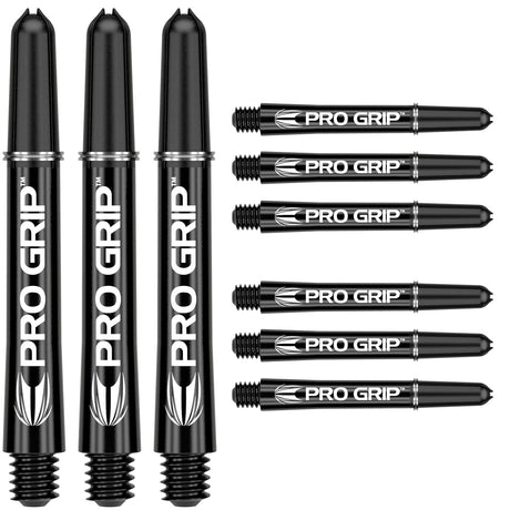 Pro Grip Dart Stems Shafts Inbetween Sizes Black main product image showing the shafts, packaging, and included contents