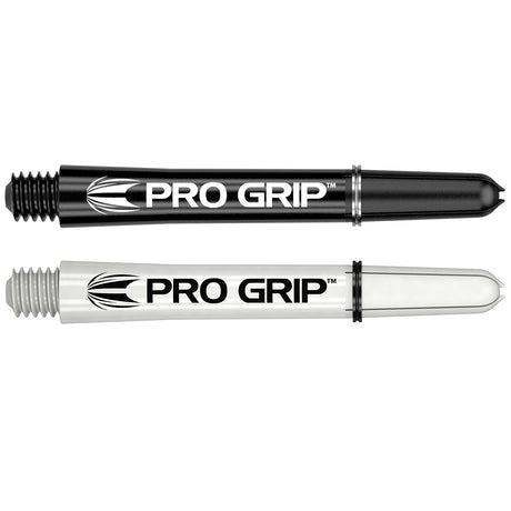 Pro Grip Dart Stems Shafts Inbetween Sizes Black and white main product image showing the shafts, packaging, and included contents