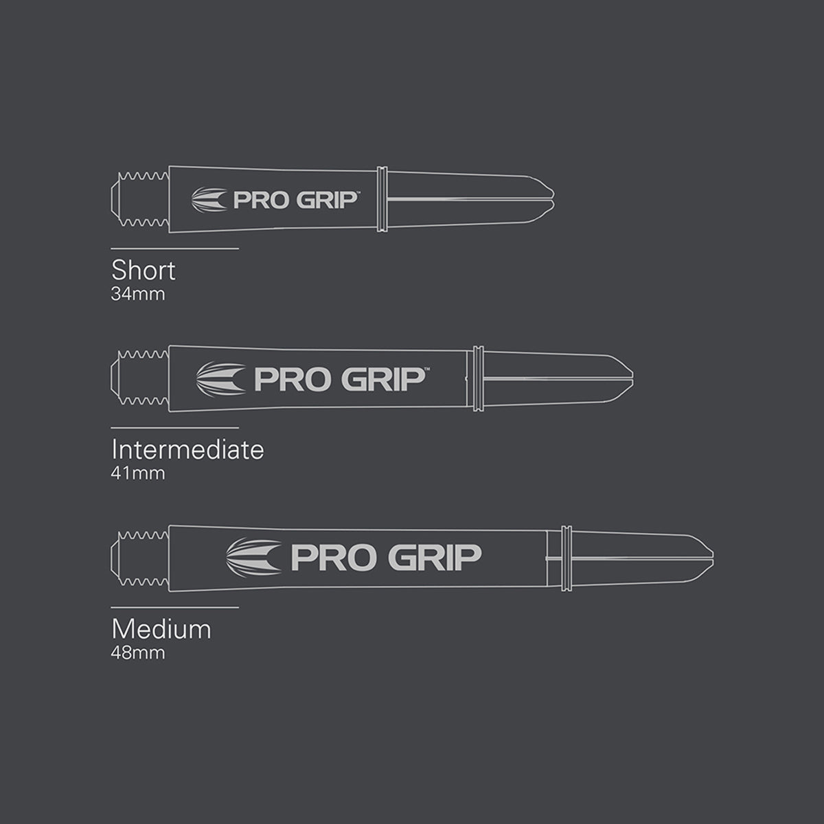 Pro Grip Dart Stems Shafts Inbetween Sizes White length guide image showing available shaft sizes and dimensions