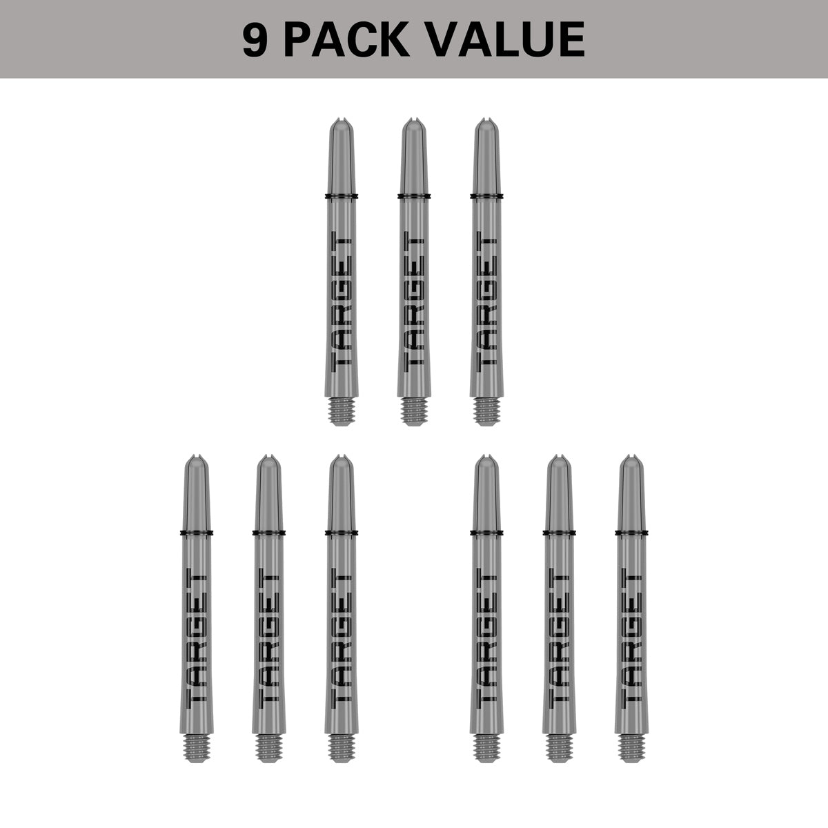 Pro Grip TAG GW Black Grey image highlighting the 9 pack value format containing three sets of shafts for extended use and improved value.