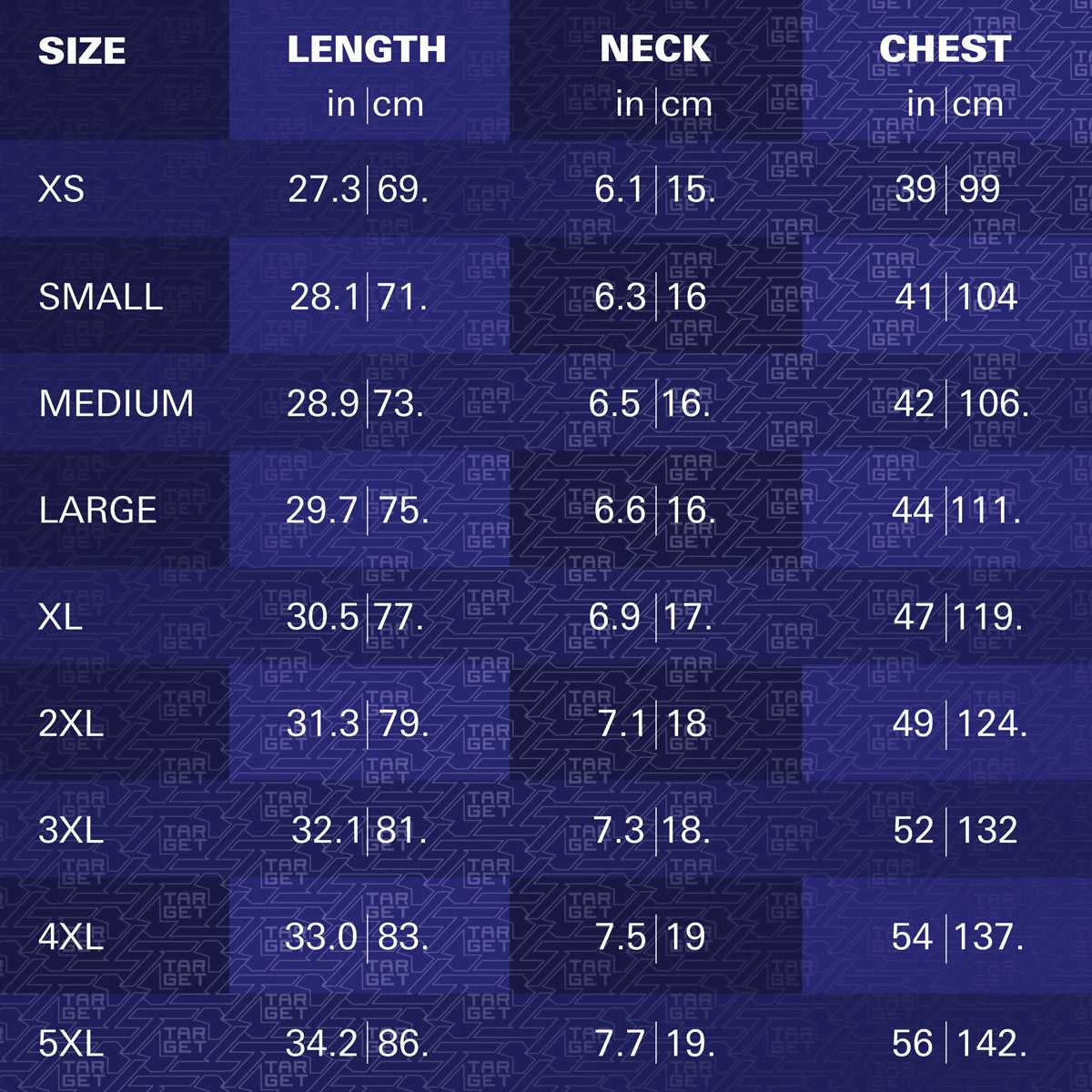 Target Raymond Van Barneveld 2025 Playing Shirt sizing guide image showing available measurements and fit information