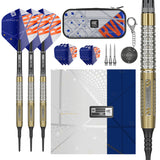 Raymond Van Barneveld Chrono Soft Tip Darts main product image showing the darts, packaging, flights, shafts, and included accessories