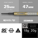 Raymond Van Barneveld Chrono Soft Tip Darts specifications image showing barrel dimensions, weight, and technical details