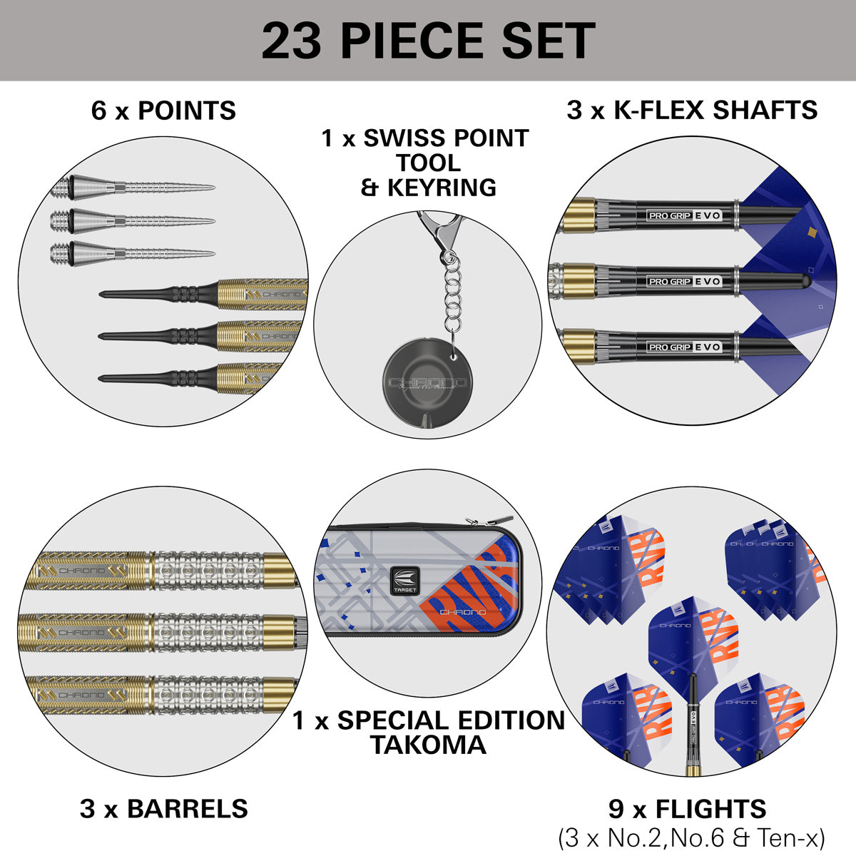 Raymond Van Barneveld Chrono Soft Tip Darts contents image displaying everything included inside the box