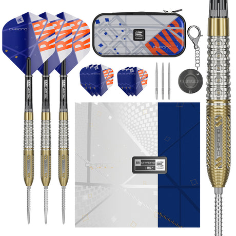 Raymond Van Barneveld Chrono SP Steel Tip Darts main product image showing the darts, packaging, flights, shafts, and included accessories