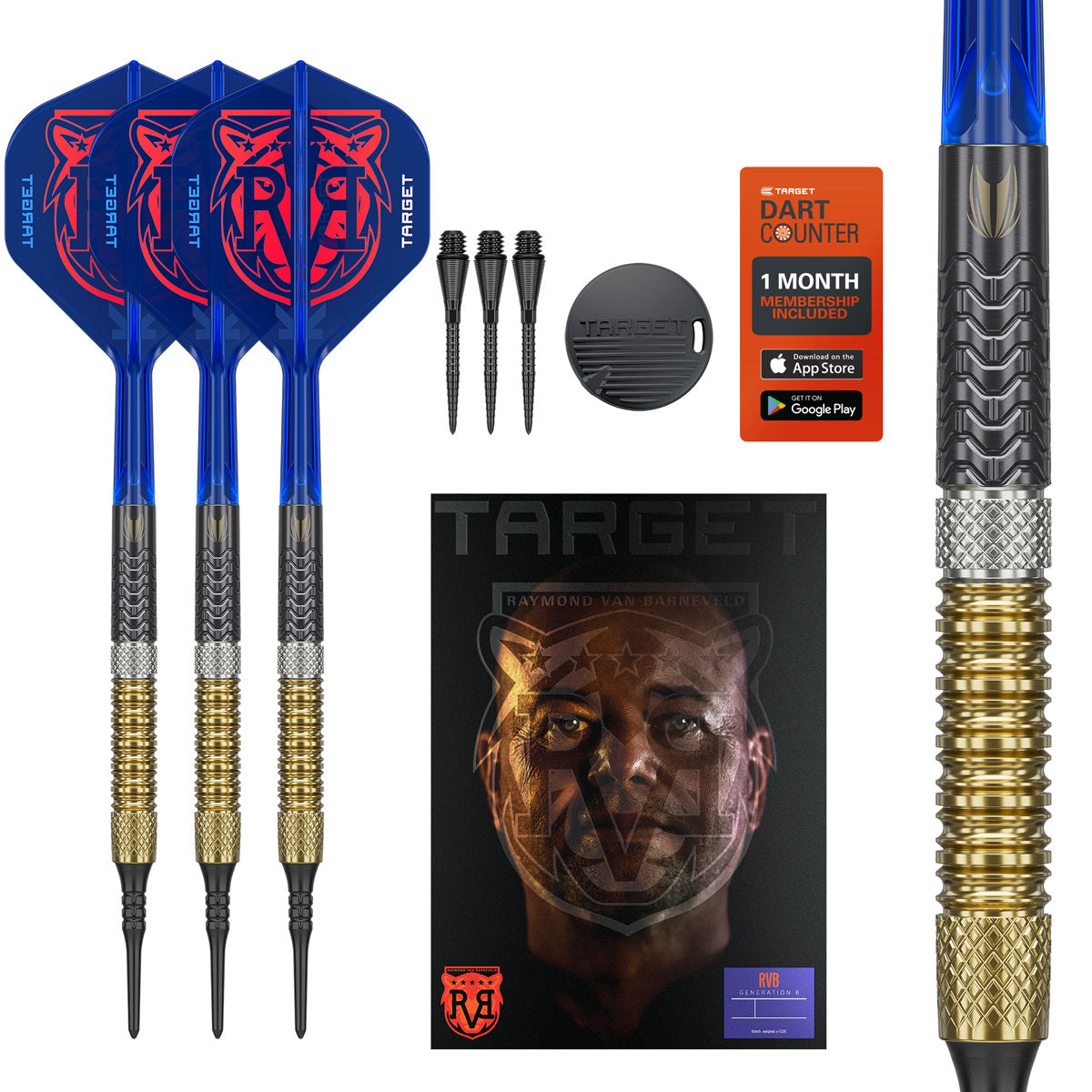 Raymond van Barneveld G6 Soft Tip Darts main product image showing the darts, packaging, flights, shafts, and included accessories