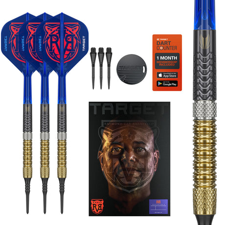 Raymond van Barneveld G6 Soft Tip Darts main product image showing the darts, packaging, flights, shafts, and included accessories
