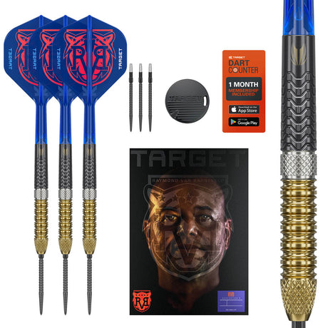 Raymond van Barneveld G6 SP Steel Tip Darts main product image showing the darts, packaging, flights, shafts, and included accessories