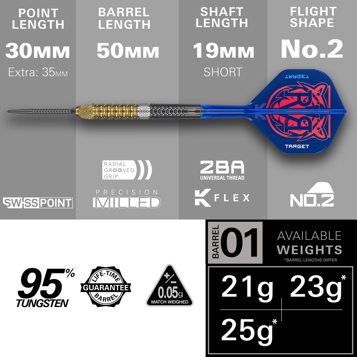 Raymond van Barneveld G6 Steel Tip Darts specifications image showing barrel dimensions, weight, and technical details