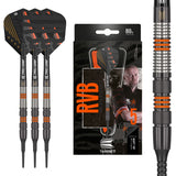 Raymond Van Barneveld RVB 80 Black Soft Tip Darts main product image showing the darts, packaging, flights, shafts, and included accessories
