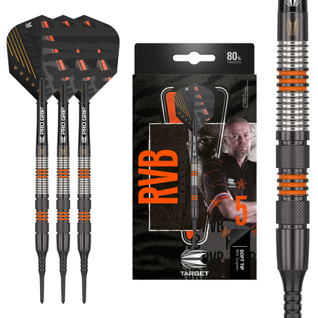 Raymond Van Barneveld RVB 80 Black Soft Tip Darts main product image showing the darts, packaging, flights, shafts, and included accessories