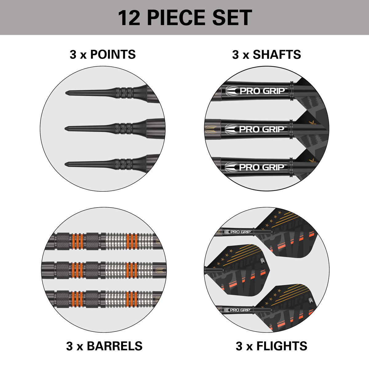 Raymond Van Barneveld RVB 80 Black Soft Tip Darts contents image displaying everything included inside the box