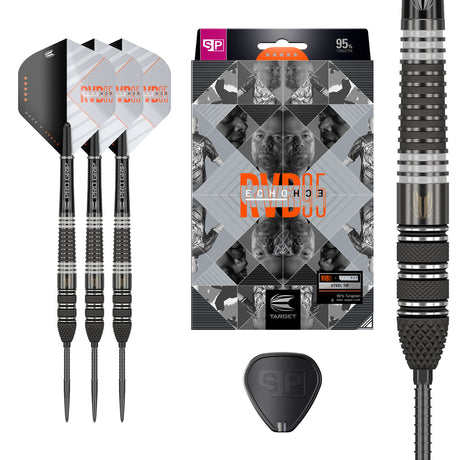 Raymond van Barneveld RVB95 Echo SP Steel Tip Darts main product image showing the darts, presentation box, flights, shafts, and supplied accessories