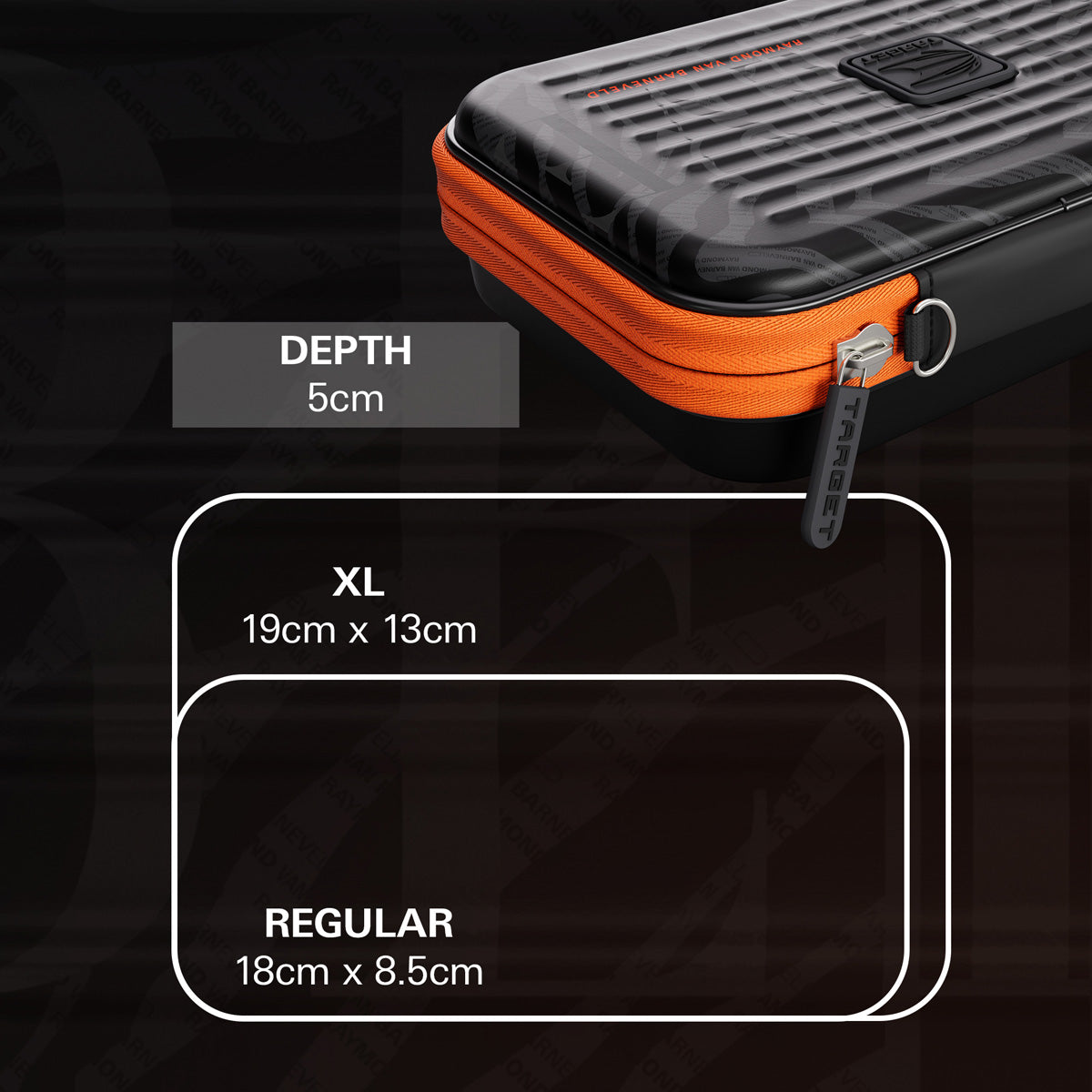Target Raymond van Barneveld Takoma Ghost XL Dart Case dimensions image showing product measurements and storage capacity